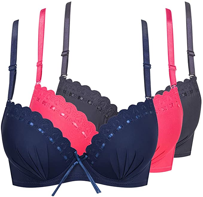 3Pack Underwire Padded Contour Everyday Bras with Small Bowknot